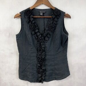 Tracy M Black Sleeveless V-Neck Rose-Trim Blouse